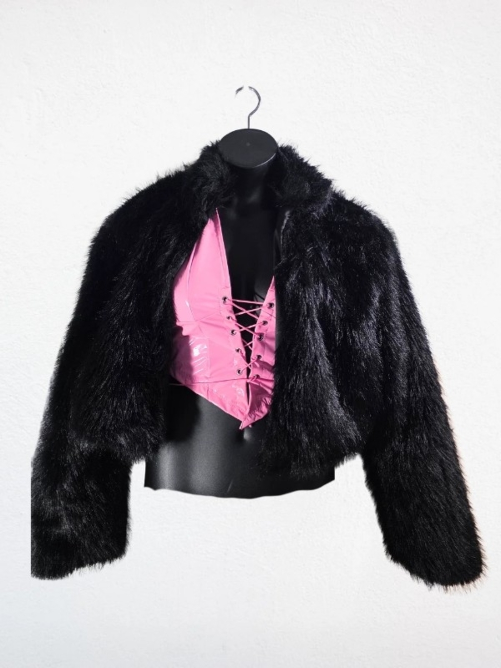 SHEIN Black Faux Fur Cropped Bomber Jacket
